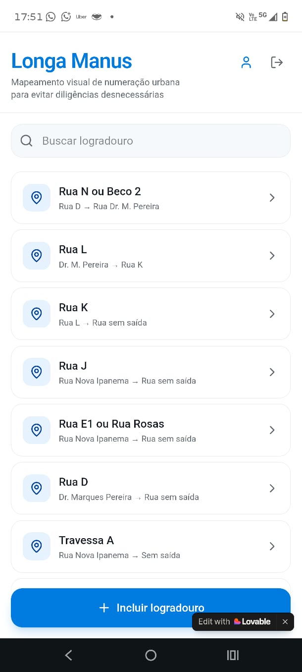 Tela inicial do aplicativo Longa Manus mostrando lista de logradouros