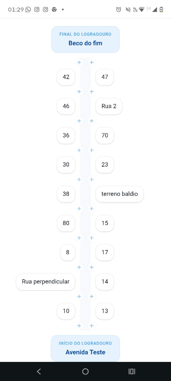 Visualização do logradouro com numeração mapeada em ambos os lados